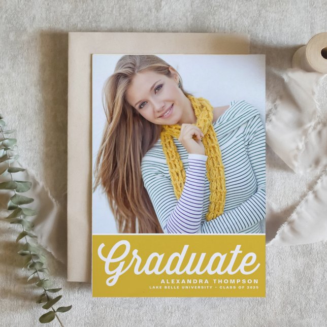 Yellow Retro Bold Typography Photo Graduation Invitation (Customizable yellow photo graduation invitation featuring retro lettering. )