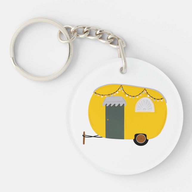Yellow Retro Camper Van with Fairy Lights Keychain (Front)