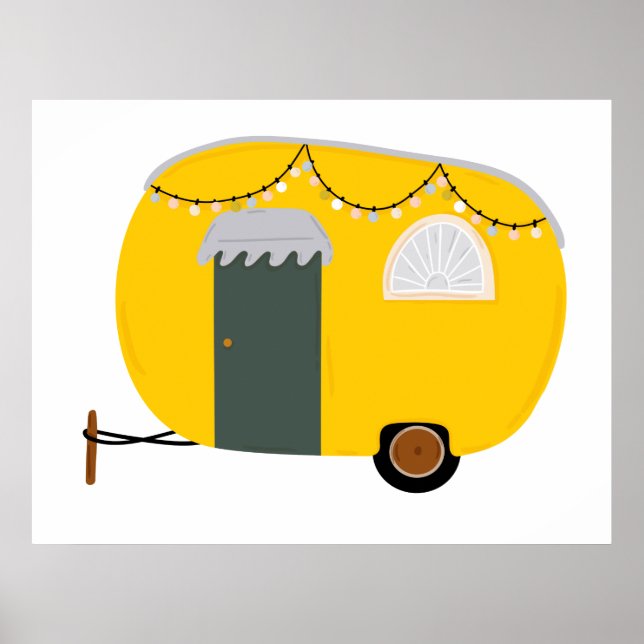 Yellow Retro Camper Van with Fairy Lights Poster (Front)