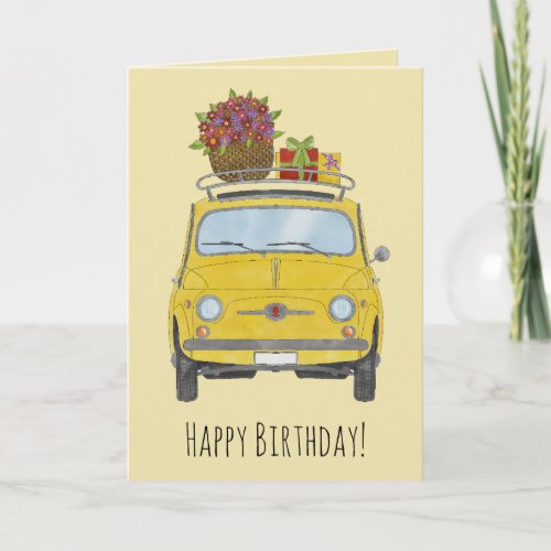 Yellow Retro Fiat 500 Birthday Card