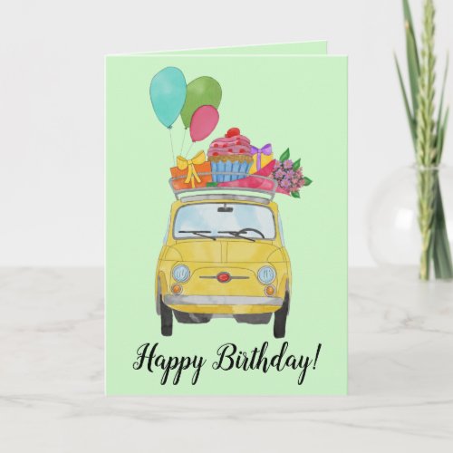 Yellow Retro Fiat 500 Birthday Card