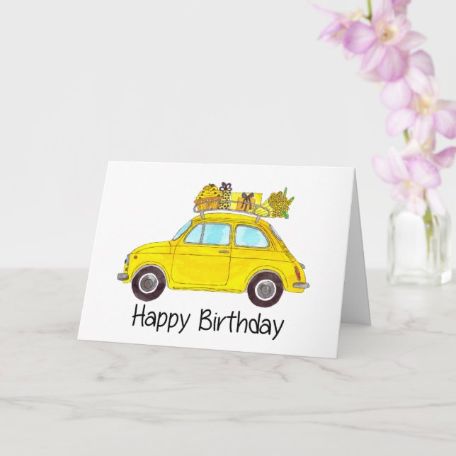 Yellow Retro Fiat 500 Birthday Card (Orchid)