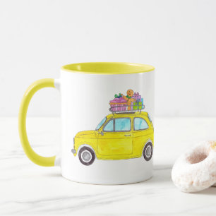 Yellow Retro Fiat 500 Christmas Gifts Watercolor Mug