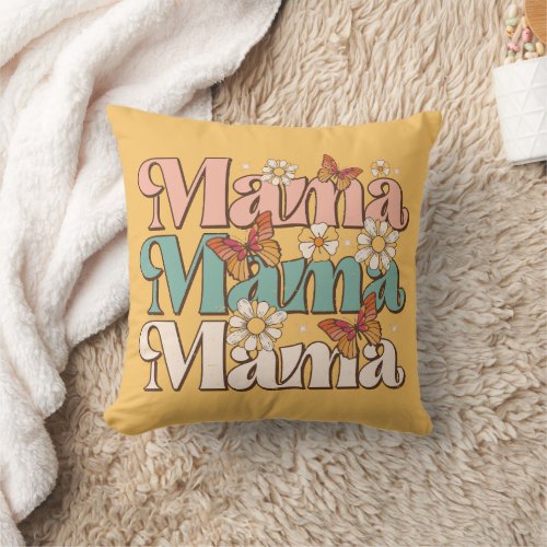 Yellow Retro Floral Butterfly Mama Typography Throw Pillow