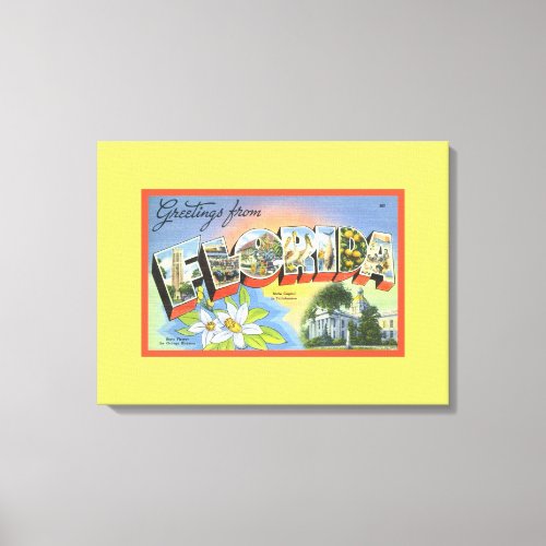 Yellow Retro Greetings From Florida Font Tropical Canvas Print