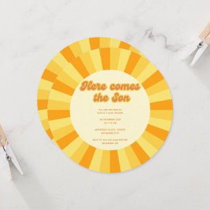 Yellow, retro here comes the son boy baby shower invitation