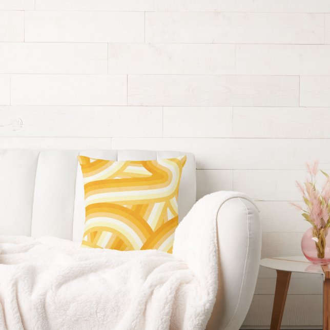 Yellow Retro Rainbow Stripes Pattern Throw Pillow (Couch)