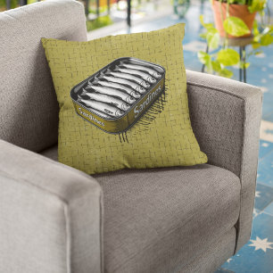 Yellow Retro Style Sardine Art Funny Fish Food Throw Pillow
