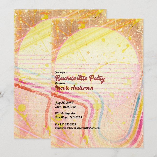 Yellow Retro Vintage 80's Theme Bachelorette Party Invitation (Front/Back)