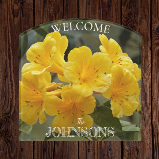 Yellow Rhododendrons with Family Name Welcome Door Sign (In Situ)
