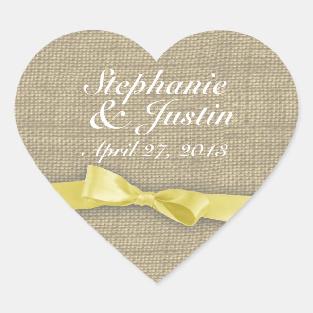 Yellow Ribbon and Burlap Heart Heart Sticker (Front)
