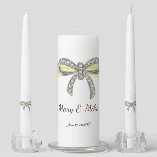 Yellow Ribbon Diamond Bow Wedding Unity Candle Set