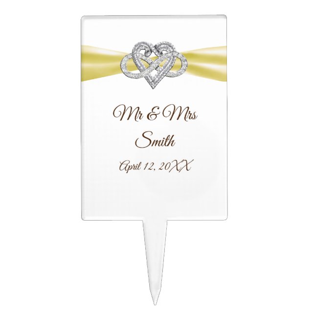 Yellow Ribbon Infinity Heart Wedding Cake Topper (Front)