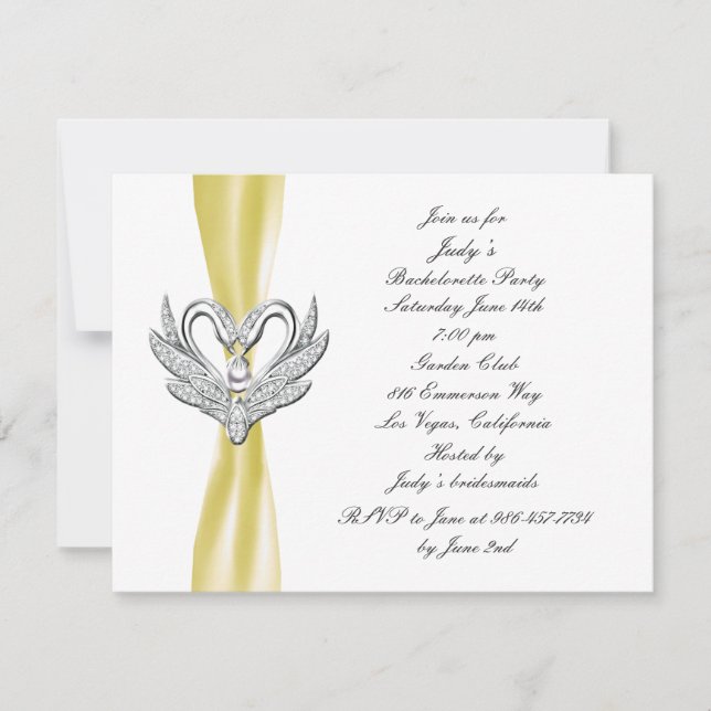 Yellow Ribbon Silver Swans Bachelorette Party Invitation (Front)