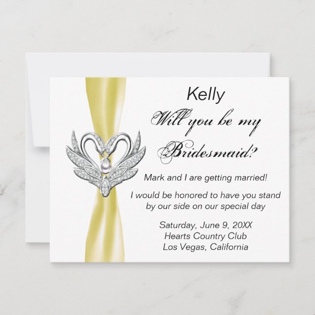 Yellow Ribbon Silver Swans Bridesmaid Card (Front)