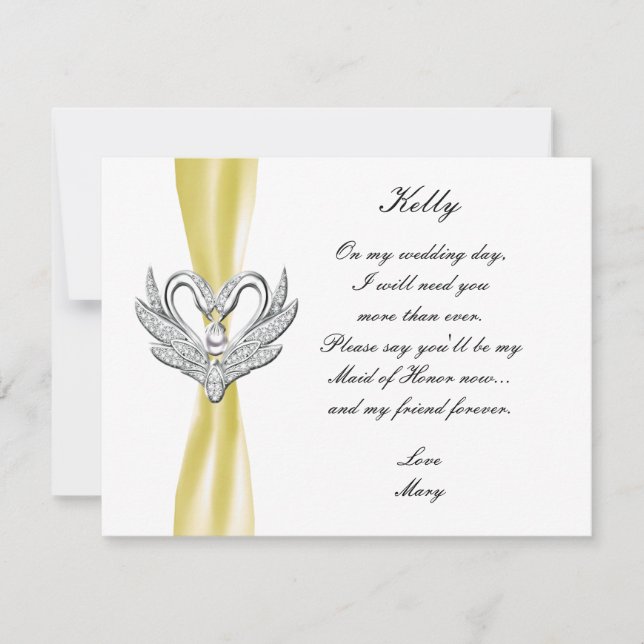 Yellow Ribbon Silver Swans Maid Of Honor Card (Front)
