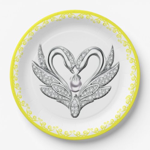 Yellow Ribbon Silver Swans Paper Plate