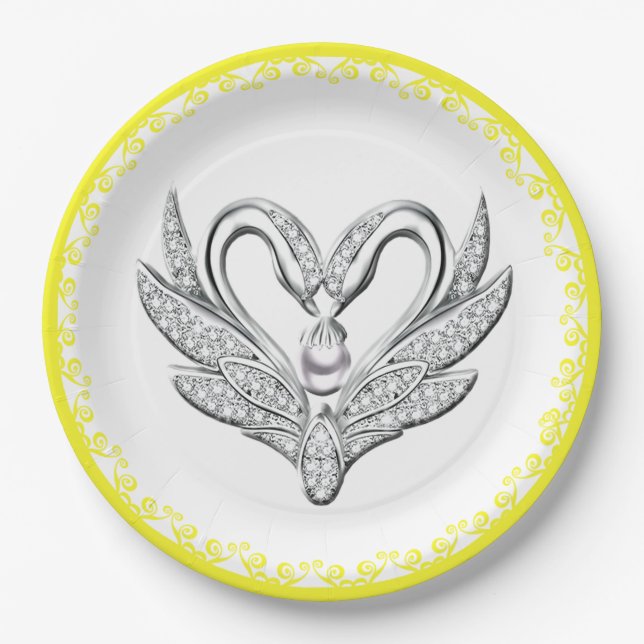 Yellow Ribbon Silver Swans Paper Plate