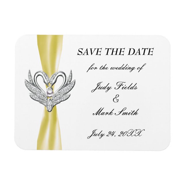 Yellow Ribbon Silver Swans Save The Date Magnet (Horizontal)