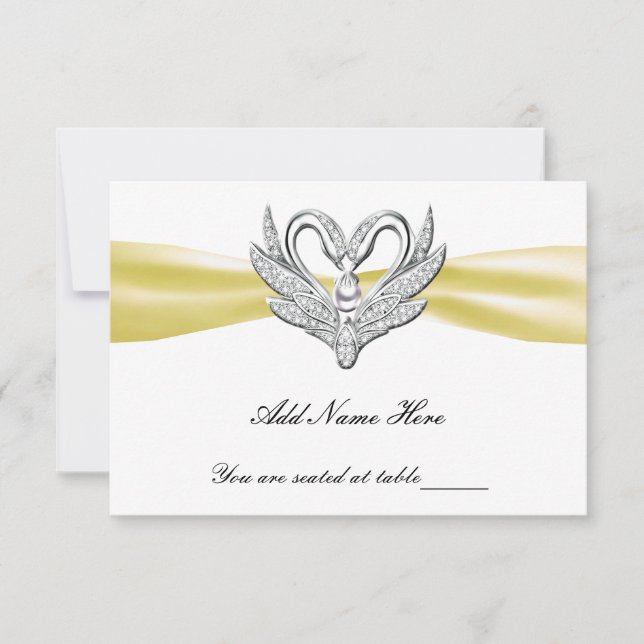 Yellow Ribbon Silver Swans Table Place Card (Front)