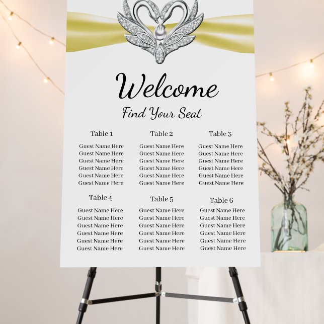 Yellow Ribbon Silver Swans Wedding Seating Chart Foam Board (In Situ (Stand))