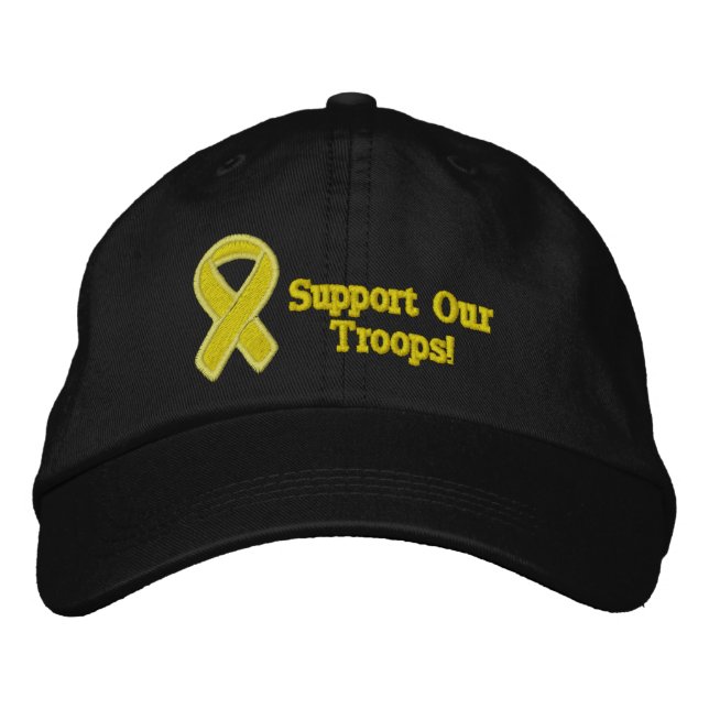 Yellow Ribbon Supports Our Troops Embroidered Baseball Cap (Front)