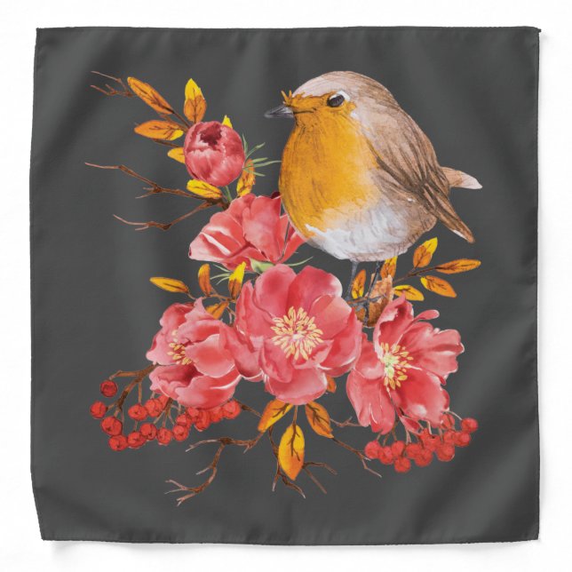 Yellow robin and red poppies  bandana (Front)