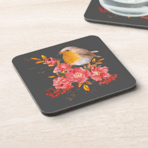Yellow robin and red poppies beverage coaster