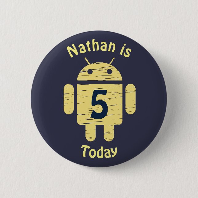 Yellow Robot Personalised Kids Birthday Button (Front)