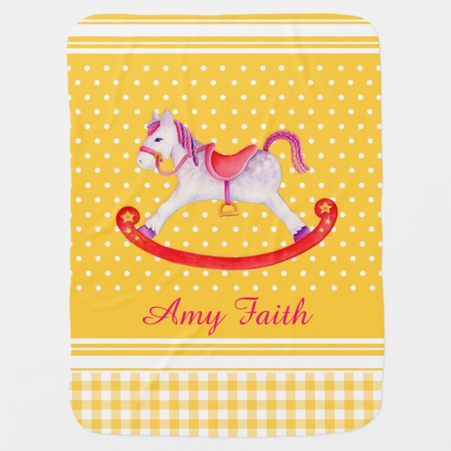 Yellow rocking horse art name baby blanket (Front)