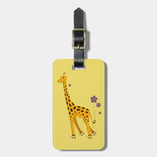 Yellow Roller Skating Cartoon Giraffe Personalized Luggage Tag (Front Vertical)