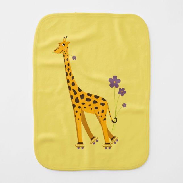 Yellow Roller Skating Funny Cartoon Giraffe Burp Cloth (Front)