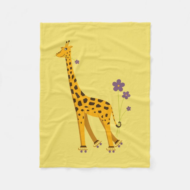 Yellow Roller Skating Funny Cartoon Giraffe Fleece Blanket (Front)