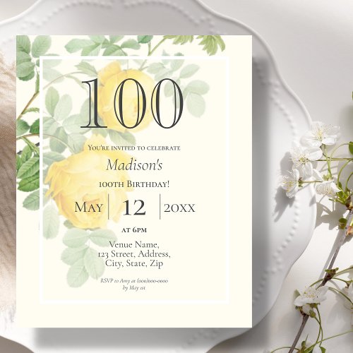 Yellow Rose  100th Budget Birthday Invitation