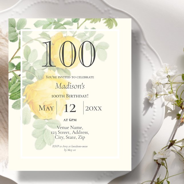 Yellow Rose | 100th Budget Birthday Invitation (Creator Uploaded)