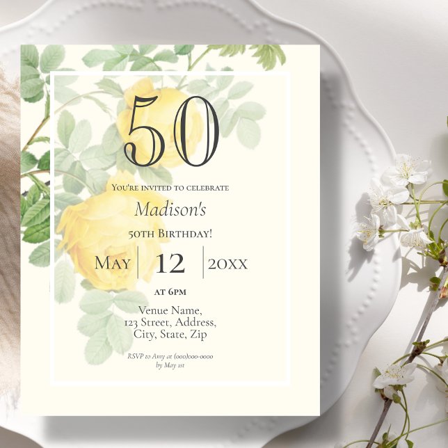 Yellow Rose 50th Budget Birthday Invitation (Creator Uploaded)