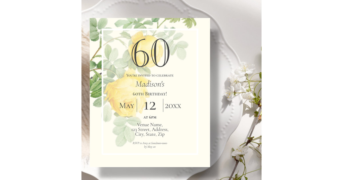 Yellow Rose 60th Budget Birthday Invitation | Zazzle