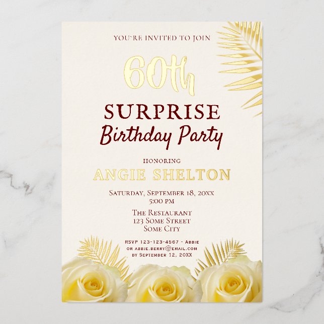 Yellow Rose 60th Surprise Birthday Party Gold  Foil Invitation (Front)