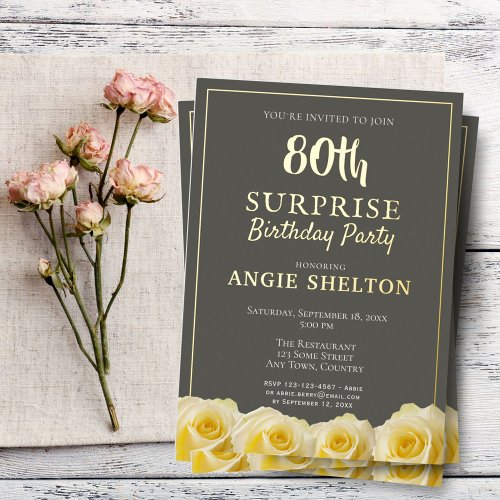 Yellow Rose 80th Surprise Birthday Party  Foil Invitation