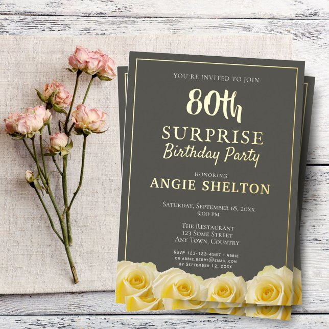 Yellow Rose 80th Surprise Birthday Party  Foil Invitation (Creator Uploaded)