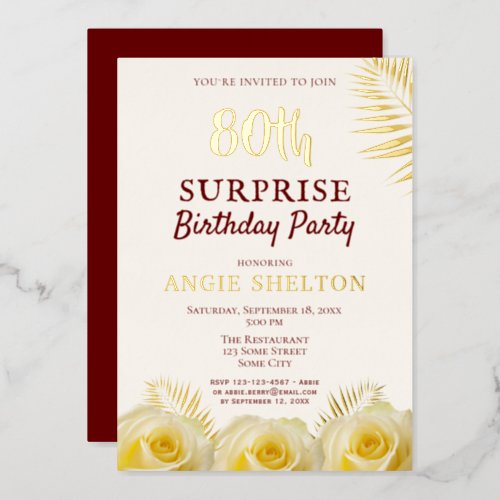 Yellow Rose 80th Surprise Birthday Party Gold Foil Invitation