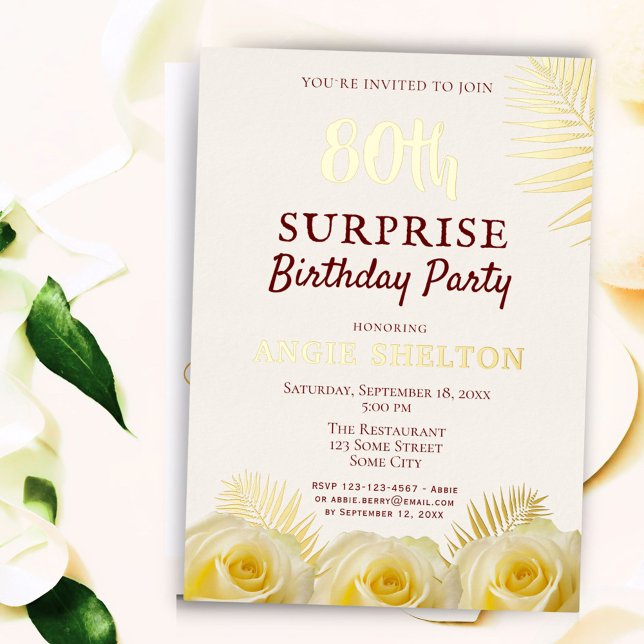Yellow Rose 80th Surprise Birthday Party Gold Foil Invitation (Creator Uploaded)
