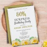 Yellow Rose 80th Surprise Birthday Party Invitation<br><div class="desc">Yellow Rose 80th Surprise Birthday Party Invitation for her. Birthday invitation with beautiful yellow roses and tropical leaves. Perfect for a woman who is celebrating her eightieth birthday. Invite for 80 years surprise birthday party.</div>