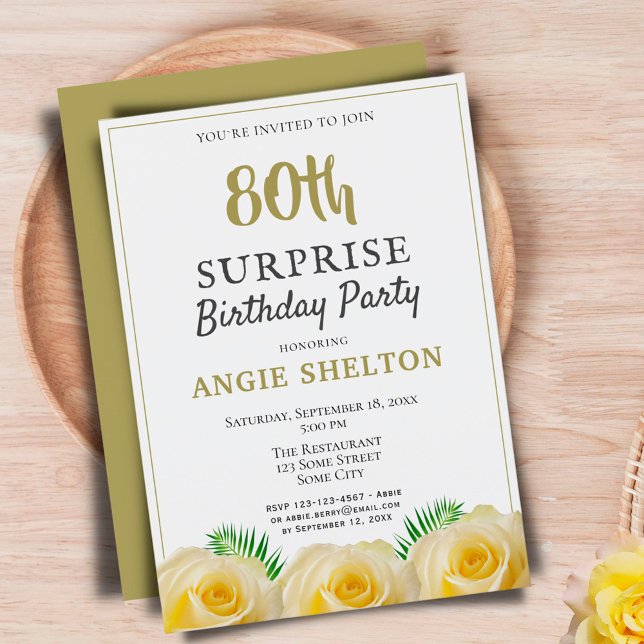 Yellow Rose 80th Surprise Birthday Party Invitation (Creator Uploaded)
