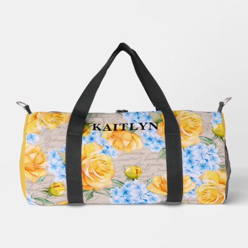 Yellow Rose and Blue Hydrangea Floral Duffel Bag