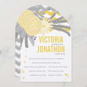 Yellow Rose and Ferns Gray Zig Zag Wedding Invitation