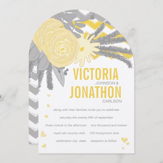 Yellow Rose and Ferns Gray Zig Zag Wedding Invitation (Front/Back)