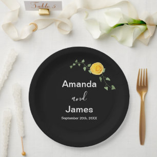 Yellow Rose and Green Vine Elegant Black Wedding Paper Plates