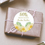 Yellow Rose and Leaves Floral 80th Birthday  Classic Round Sticker<br><div class="desc">Yellow Rose and Leaves Floral 80th Birthday Classic Round Sticker. Birthday floral stickers with beautiful yellow roses and tropical leaves. Perfect for a woman who is celebrating her birthday. Add your name and age.</div>