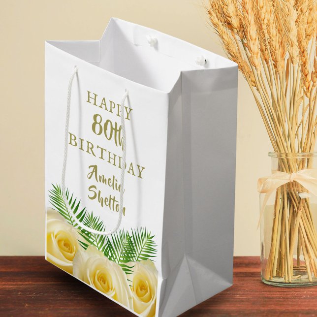 Yellow Rose and Leaves Floral Happy Birthday  Medium Gift Bag (Creator Uploaded)